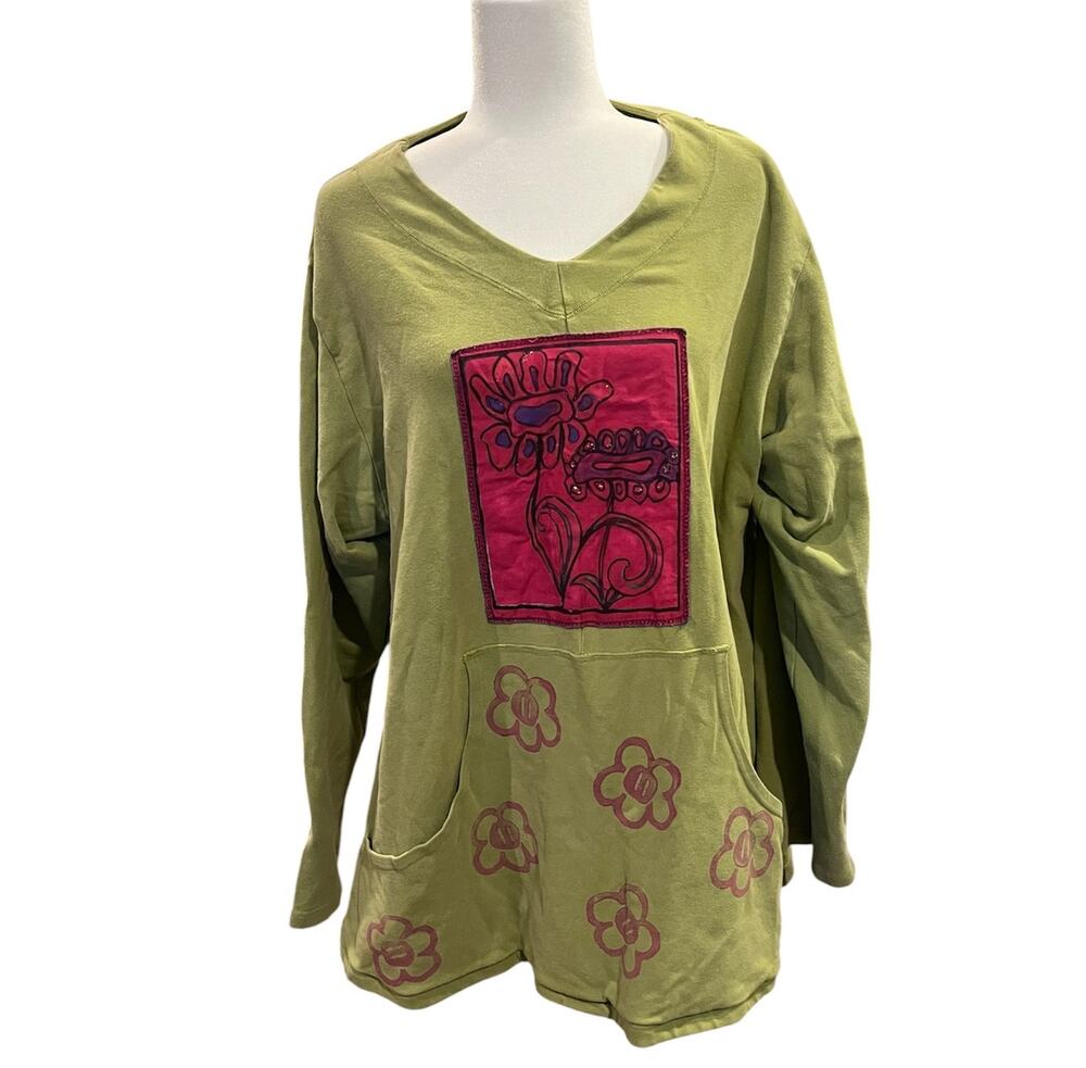 Vintage Green Floral Sweater XL Oversized Cotton Pullover Boho Cottagecore USA